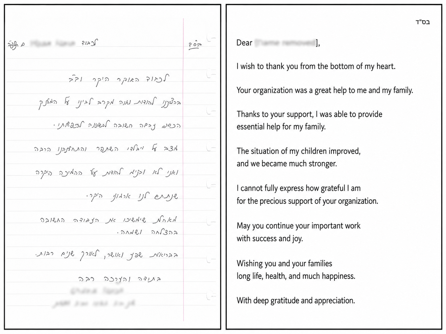 Handwritten thank-you letter with English translation