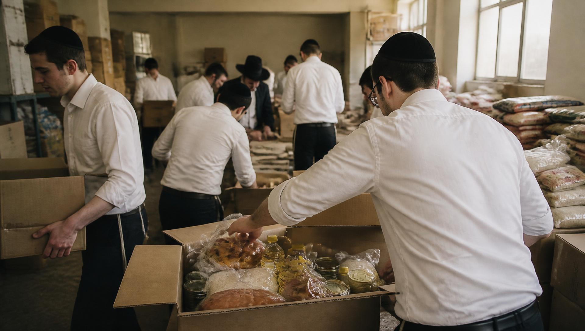 Volunteers preparing food packages for families in Eretz Yisrael